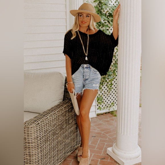 Black Open Weave Crochet Knit Fish net Drop Shoulder Top - Picture 10 of 15